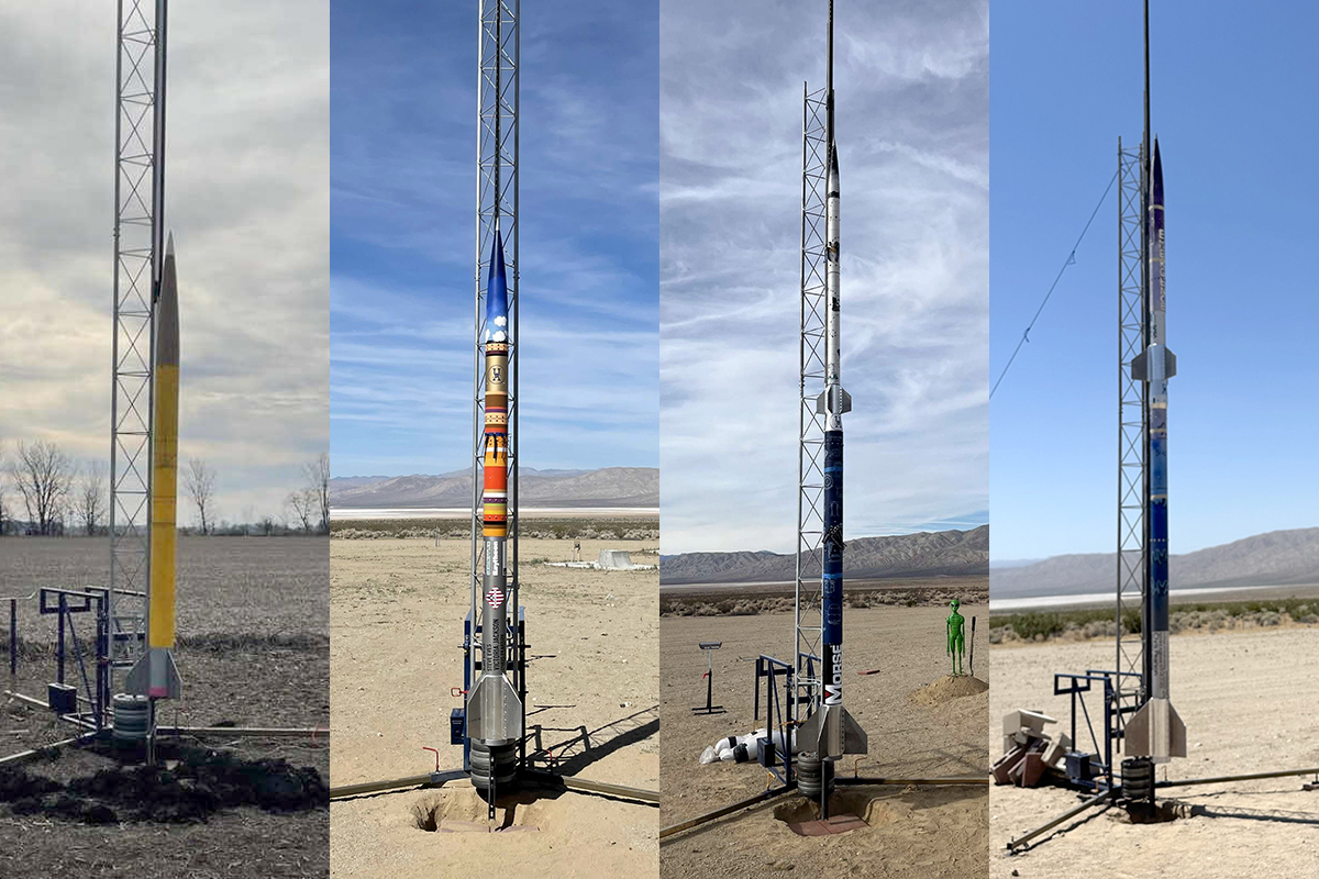 Pictured left to right: Emergence I, Emergence II, Emergence III and Emergence IV—the Akronauts' groundbreaking rocket series showcasing their progression in high-powered rocketry and engineering innovation.