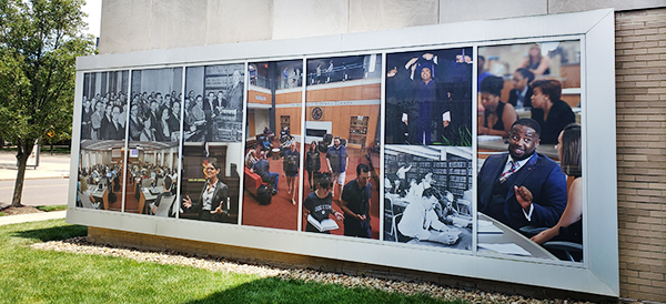 Akron Law centennial celebration banners around campus.