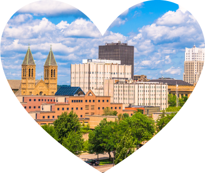 The city of Akron skyline on a sunny day.